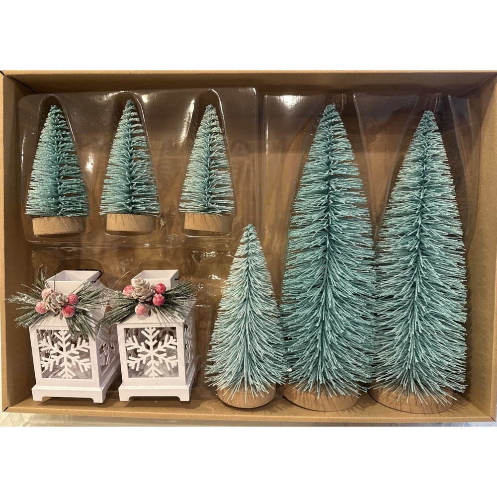 Santa's Forest Christmas Village Set Bottle Brush Trees Snowflake Lanterns NIB
